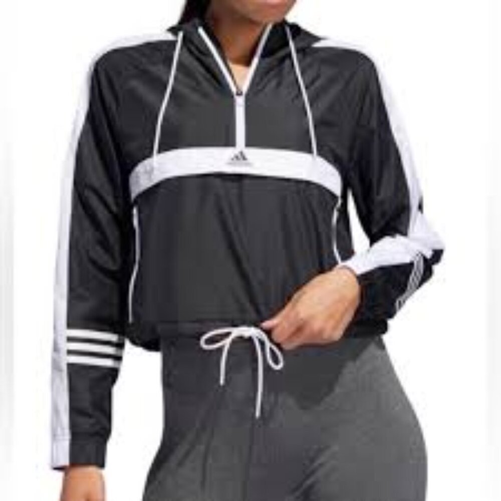 Adidas Women's Black And White Hooded Utility Jacket